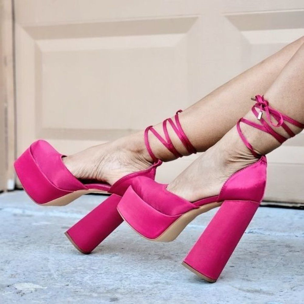 Chic Women’s Pink Satin Lace Up Platform - Party Shoes